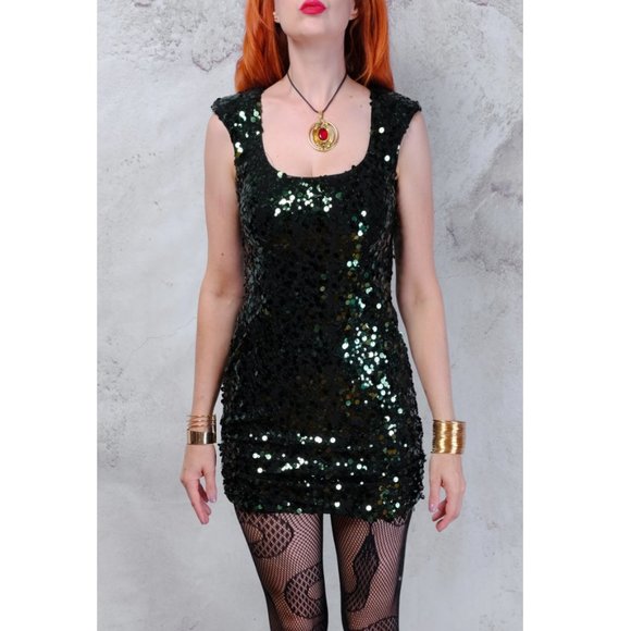 1990s Vintage B Darlin green sequin bodycon dress - Picture 2 of 5
